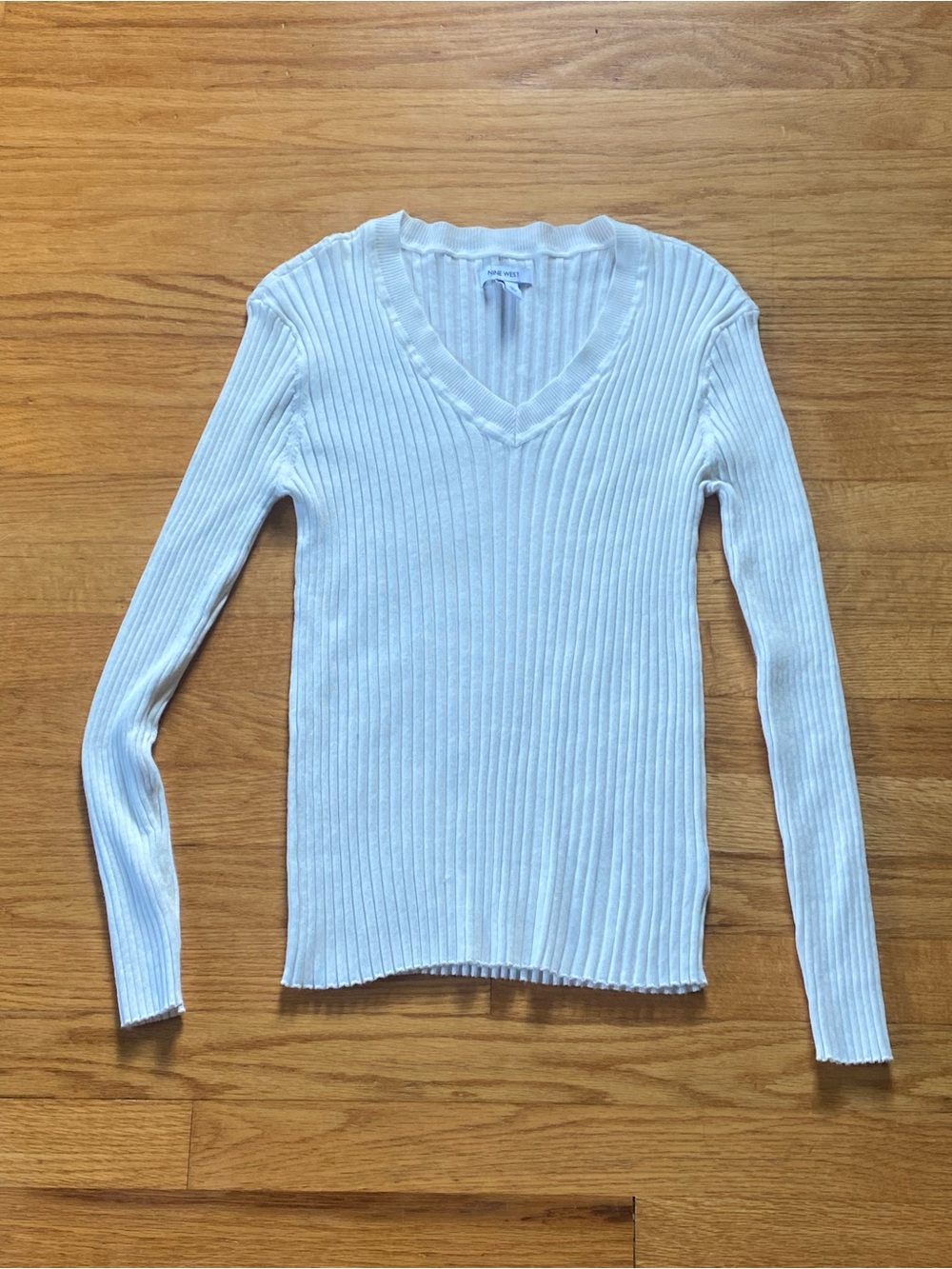 White Ribbed V-Neck Long Sleeve Shirt